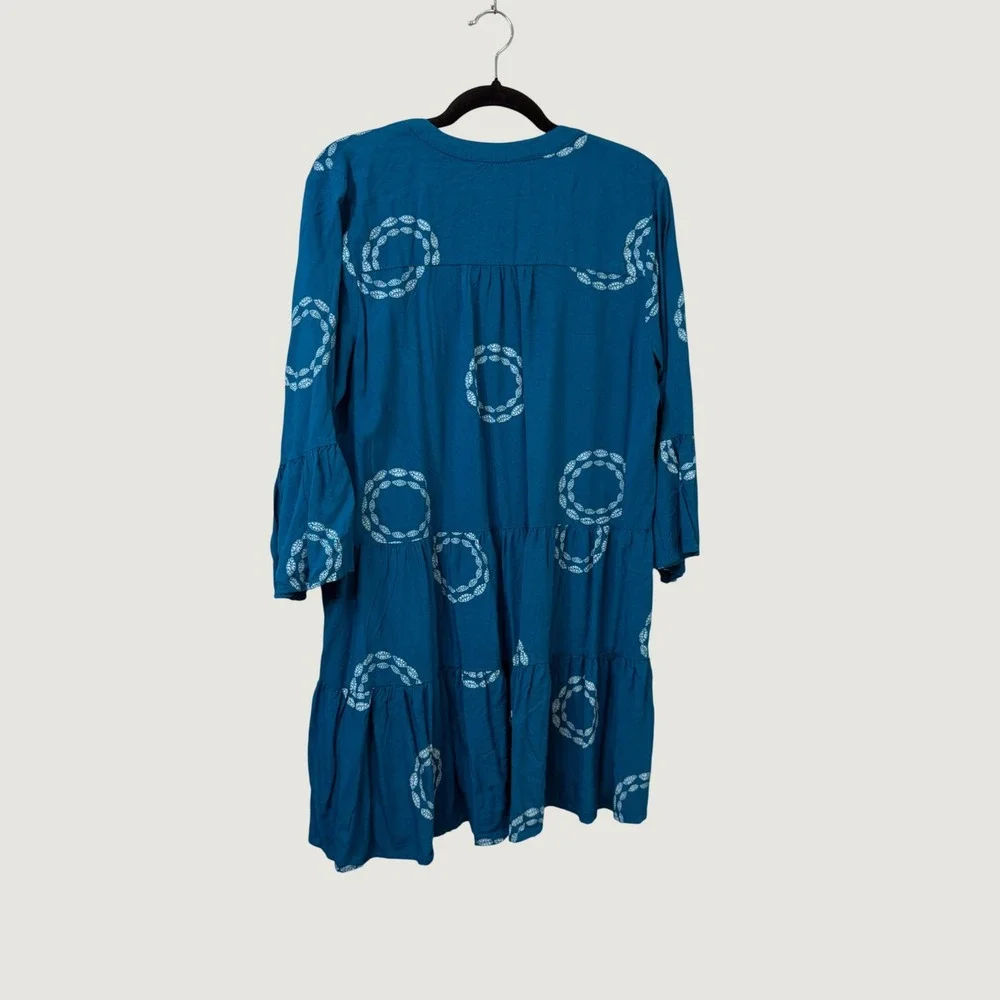 Millenium Teal Blue Tiered Tunic Dress Boho Bell Sleeve Peasant Artsy Beach Sz L